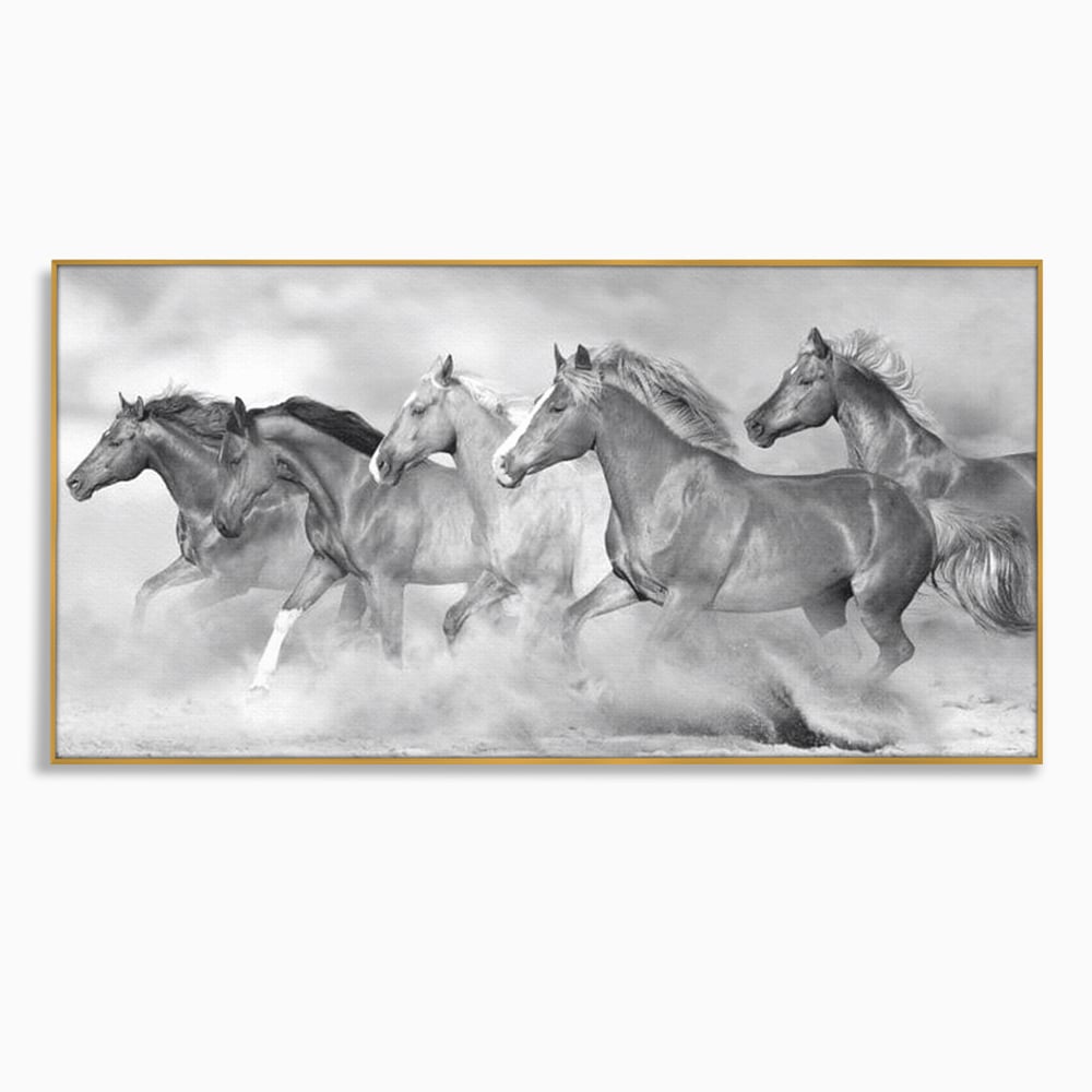 Tablou canvas cu tablou canvas cu cai in galop, in rama de aluminiu auriu
